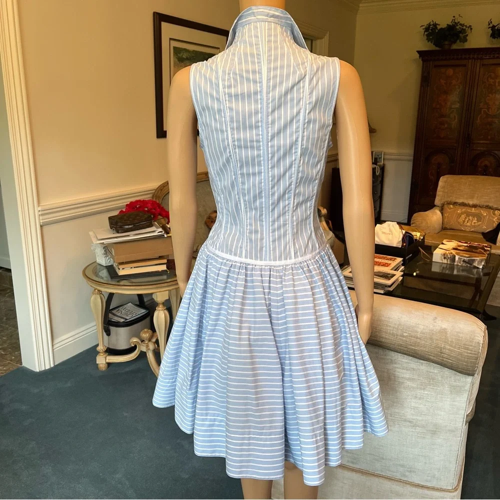 Byron Lars Beauty Mark Blue & White Striped Collared Sleeves Dress w/ Bow Detail - Picture 2 of 7
